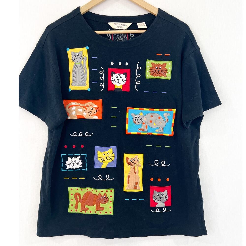 VTG Cat Patchwork Blouse Top Petite Large Women's Indie Art to Wear Casual Top